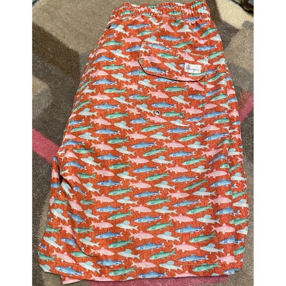 PETER MILLAR SEASIDE Mens L Pink Blue Fish Print Mesh Lined Swim Trunks Shorts - Picture 6 of 8